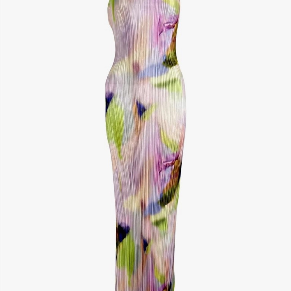 Laspia Multicolored Cowl Neck Strap Dress - Pleated